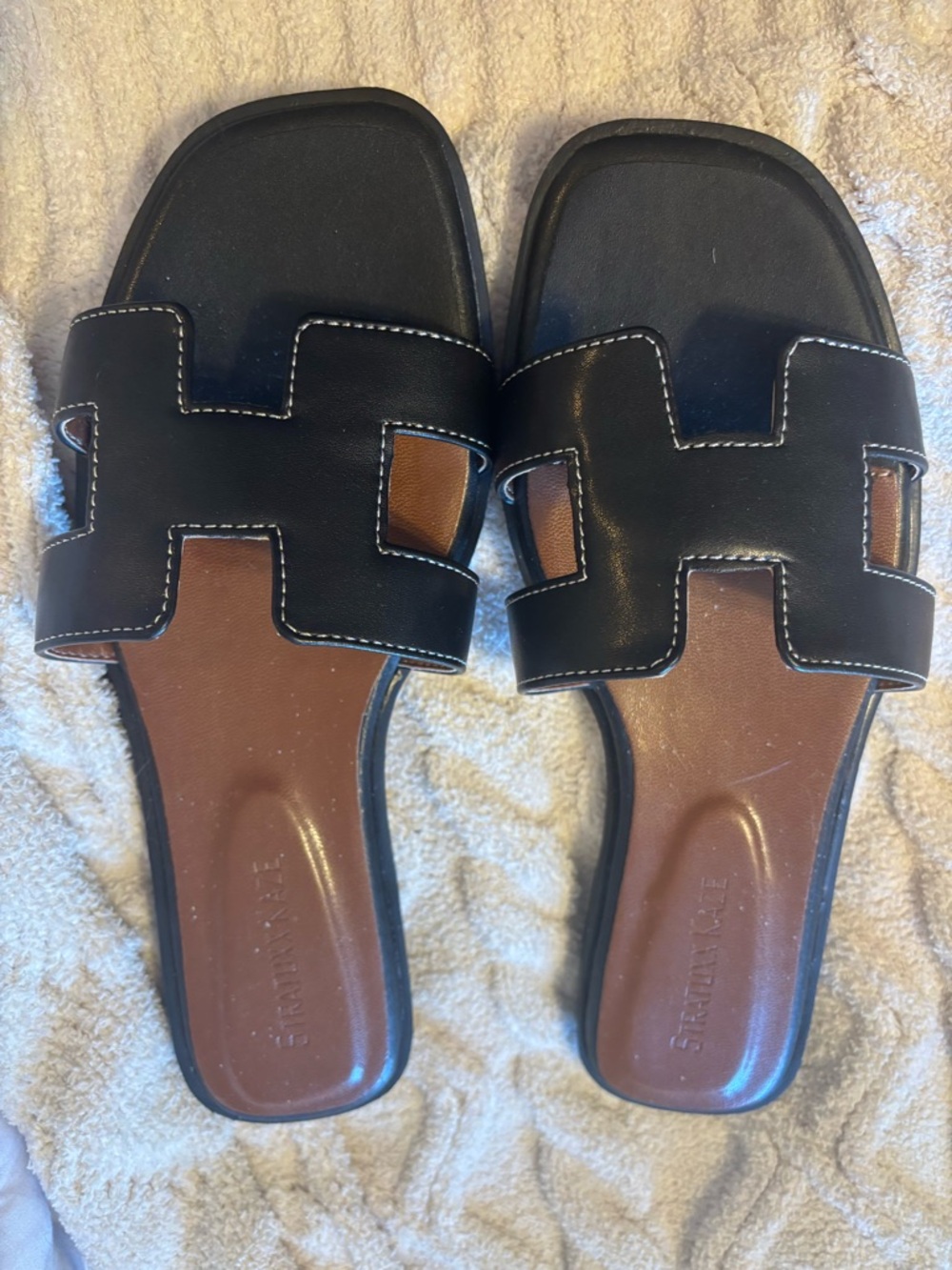 Women’s Black Slide Sandals with Brown Footbed - Casual Slip-On Sandals